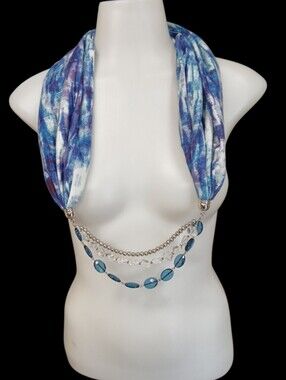Blue Patterned Infinity Scarf with Chain and Bead Accent
